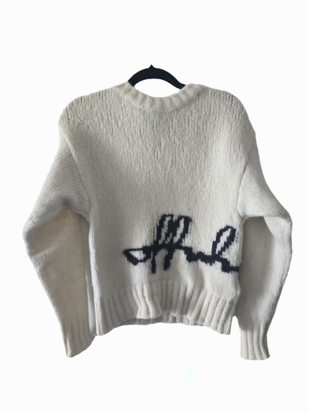 Off-White Cream Knit Crewneck Sweater with Black Script